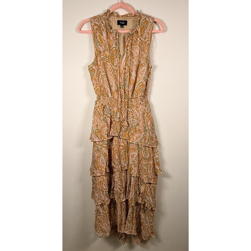 MSK Womens M Tan Green White Paisley Boho V-Neck Smocked Tiered Midi Dress